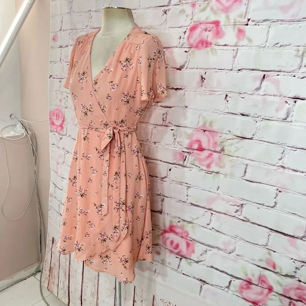 Lulu's Women's True Wrap Floral Short Sleeve Belted Pink Sundress Size S - Picture 3 of 11
